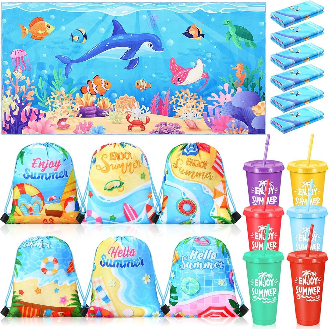Honeydak 6 set Pool Party Favors for Kids End of Year Gift Summer Drawstring Backpack Bag Tumbler Cups Kids Beach Towel Bulk for Pool Beach Games Birthday Party Decor Summer Graduation Student Gifts