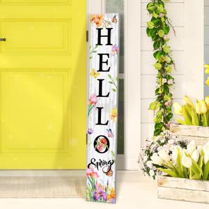 Beeveer Hello Spring Porch Sign 47 x 8 Inches Colorful Welcome Spring Sign Porch Leaner Hanging Door Decorations Wooden Rustic Wall Decor for Home Farmhouse Front Door Decor
