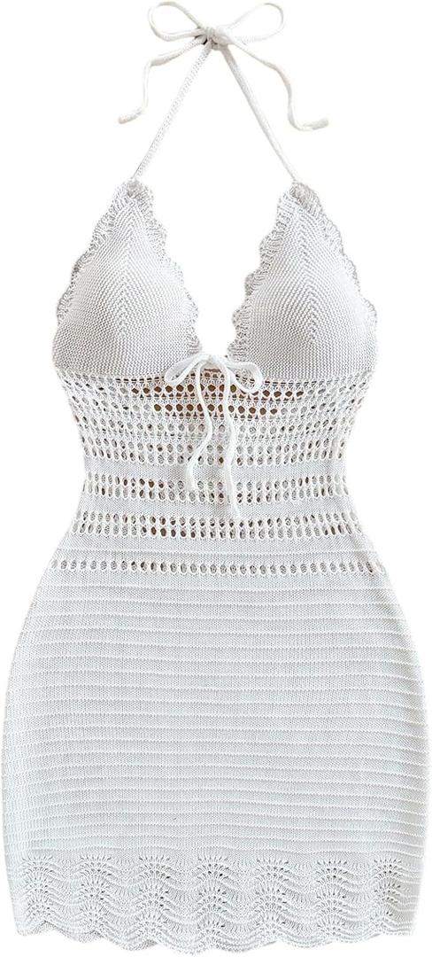 GORGLITTER Women's Crochet Halter Mini Dress Bow Backless Bodycon Knit Dresses Summer Festival Outfits (Large, White)