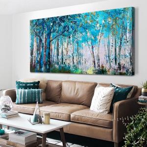 Ardemy Blue Wall Art Tree Canvas Forest Landscape Picture Modern Nature Teal Abstract Painting Artwork Textured Large Size Framed for Home Office Living Room Bedroom Wall Decor, 40"x20"