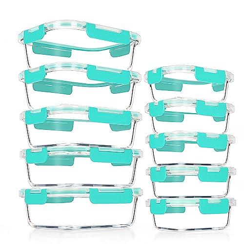 VERONES 10Pack Glass Meal Prep Containers, Airtight Glass Lunch Containers,Stackable Glass Food Storage Containers Set with Lids,Exclusive of BPA, for Microwave,Oven, Freezer&Dishwasher Friendly,Green