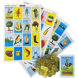 Loteria Mexicana Tradicional Jumbo Don Clemente para 10 Jugadores con 100 Monedas - Jumbo Size Mexican Bingo Set with 100 Counting Chips Plastic Coins for 10 Players with Deck of Cards and Boards