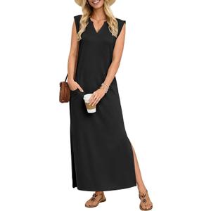 AUSELILY Women's V Neck Maxi Dresses, Straight-Cut Wrinkle-Free, Loose Split Sleeveless Vacation Dress with Pockets 2026