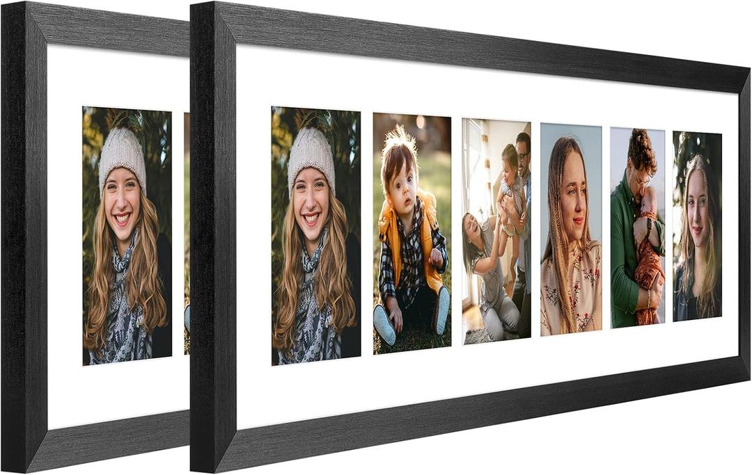 8x26 Collage Frame with 6 Openings 4X6 Pictures, Multiple Picture Frame with Mat, Wall or Tabletop Decor, Black Wood Grain,2 Pack