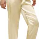 Betusline Women's Solid Color Drawstring Tie Elastic Waist Loose Satin Joggeing Pants with Pockets, Champagne, US X-Small 