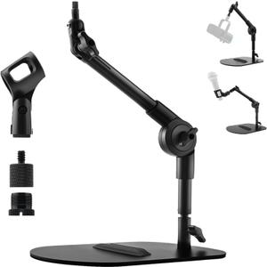 Lifexciting Desktop Microphone Stand with Mic Clip Metal Weighted Base Max Load 2.2 lb Adjustable Mounting Arm Desk Mount Stand for Mics Cameras Webcams for Recording Podcasting Streaming