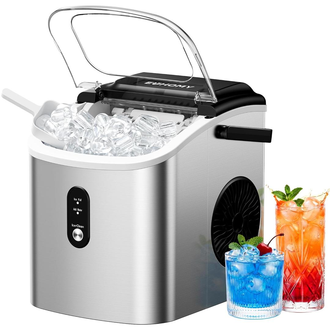 EUHOMY Ice Maker Countertop, Portable Ice Machine with Carry Handle, 26.5lbs Per Day, 9 Cubes in 6 Mins, Auto-Cleaning, with Basket and Scoop, for Home, Kitchen, Camping, RV (Silver) (Stainless Steel Silver)