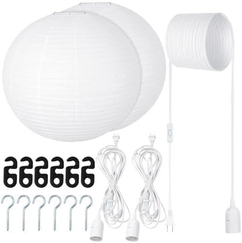 2 Sets Jumbo Round Paper Lanterns with Lamp Cord Cable White Hanging Paper Lanterns Chinese Japanese Pendant Hanging Lamp for Birthday Wedding Bridal Anniversary Party Decoration, (24 Inch)