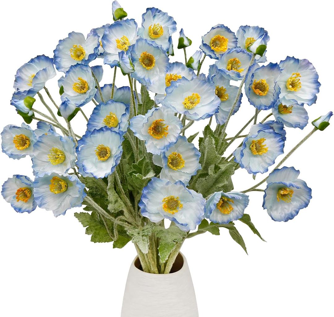 12PCS Poppy Flowers Artificial 23" Real Touch Stems Faux Poppies Silk Flowers for Home Decor Indoor (Blue)