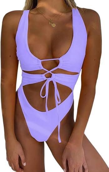 Women's Sexy Cutout Lace Up Backless High Cut One Piece Swimsuit Monokini, L