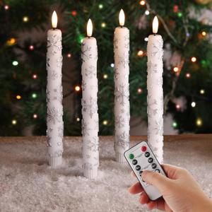 Eywamage White Snowflakes Christmas Flameless Taper Candles with Remote, Flickering LED Wax Candlesticks Set of 4
