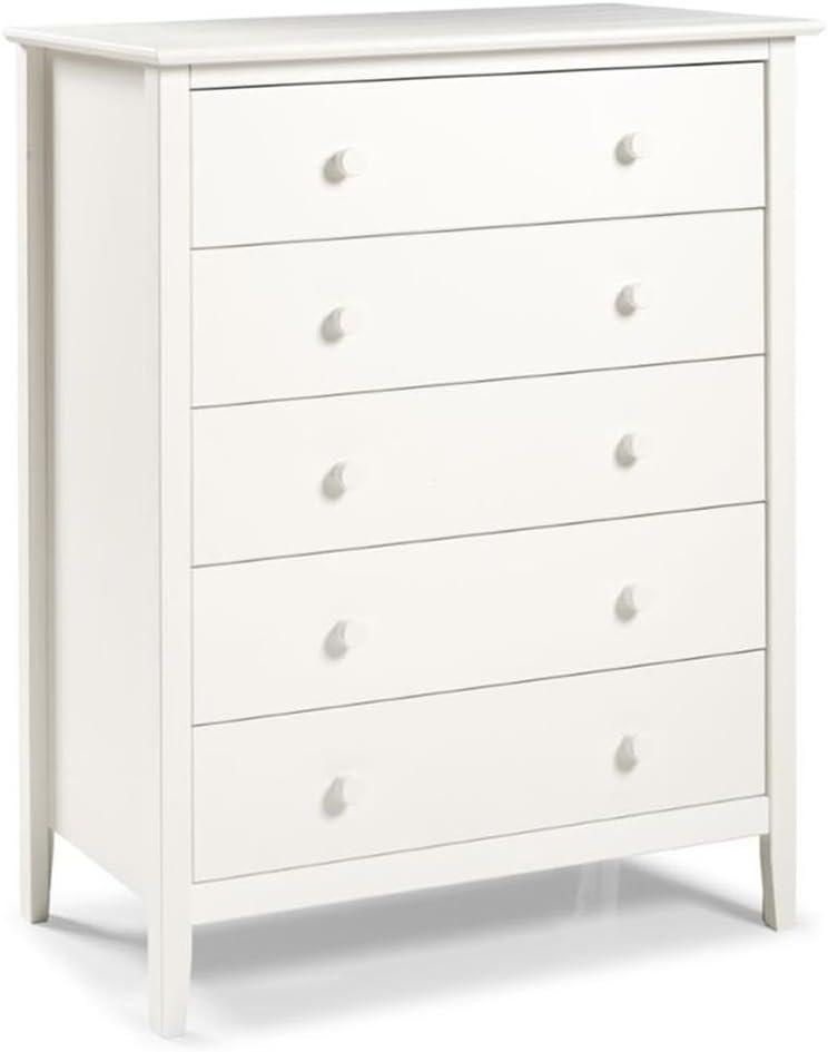 Simplicity Wood 5-Drawer Chest, Kids Bedroom Dresser, Anti-Tip Safety, Metal Glides, Wooden Knobs, Brazilian Pine and Veneers, White