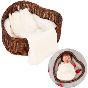 Kate Newborn Photography Props Brown Heart Shaped Rattan Basket Handcrafted Baby Doll Basket Set for Baby Photography Photoshoot with White Pillow and Mat and Stretch Wrap