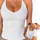 Danysu V Neck Cotton Tank Tops with Built-in Shelf Bra Sleeveless Racerback Fitted Basic Cami Shirts (Large, Bright White)