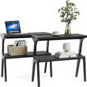 1Easylife Narrow End Table Set of 2, Solid Wood Sofa Side Table with 2-Tier Storage Shelf, Tall Slim Bedside Table Nightstand for Living Room, Bedroom, Black