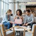 Bible Tote Bag with Ribbon Bookmark for Women & Men, Durable Leather Bible Cover w/Shoulder Strap and Handle, Large Capacity Multi-Pocket Bible Case, Elegant Gift for Church & Travel (A01-pink)