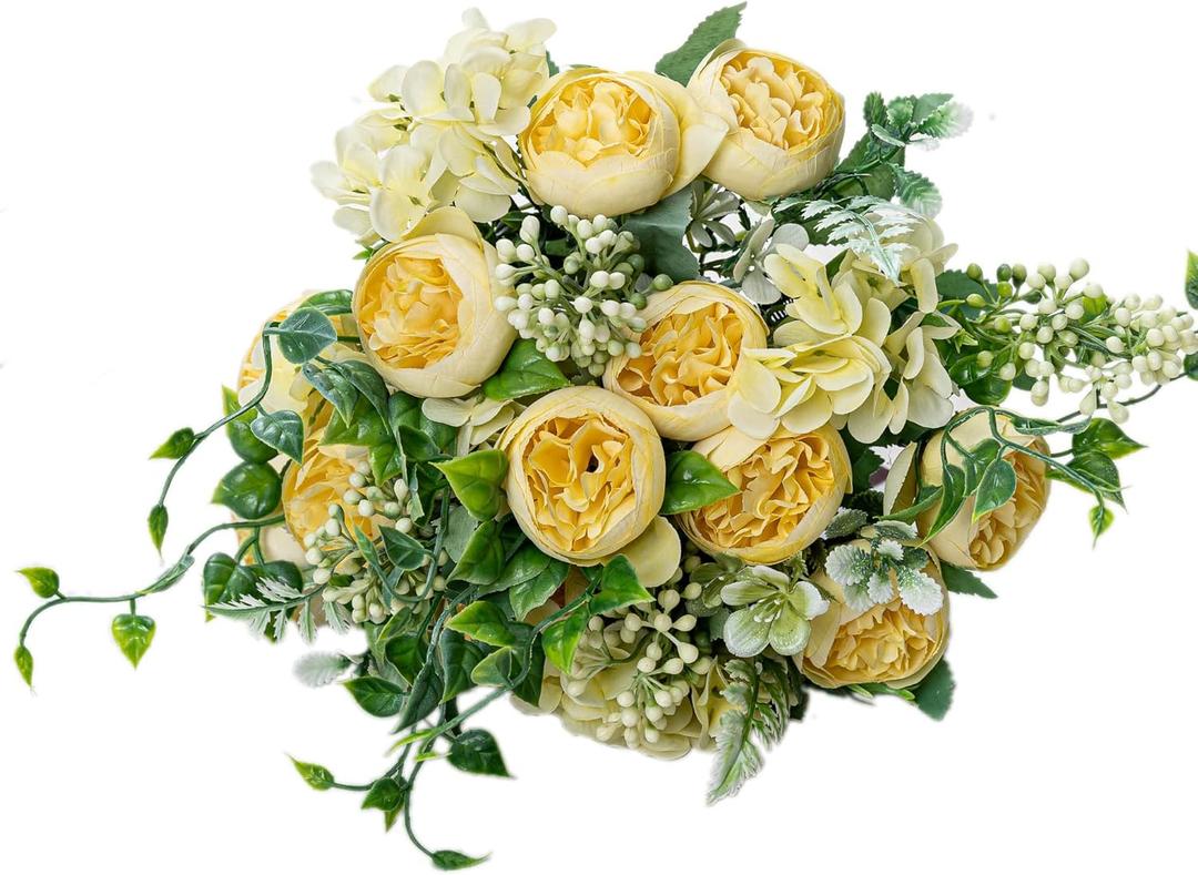 KAOYOO 2 PCS Artificial Peony Bouquet Short Stem for DIY Wedding Decoration Bridal Bouquet Home Decorations(Yellow 2-PCS)