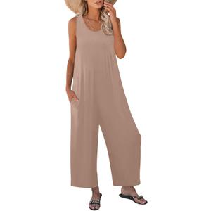 Women's Summer Casual Loose Tank Jumpsuit Sleeveless Crewneck Long Pants Jumpsuit Romper with Pockets (Large, Khaki)