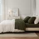 JIYUAN Queen Size Sheet Set, 4-Piece - 100% Washed Cotton, Linen-Like Soft & Breathable, Includes Deep Pocket Fitted & Flat Sheet with 2 Pillowcases, Hotel Quality, Solid Olive Green