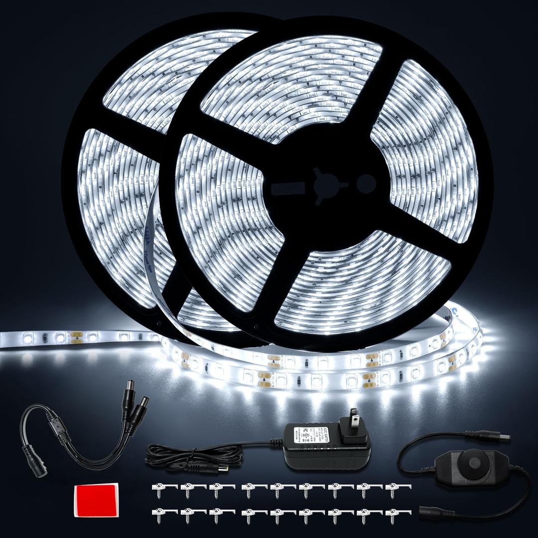 50ft Waterproof LED Strip Lights, 6000K Daylight White IP44 Tape Light, 15M 12V Rope Light Strong 3M Adhesive, for Home, Kitchen, Patio, Balcony, Party, Wedding, Indoor and Outdoor Decor