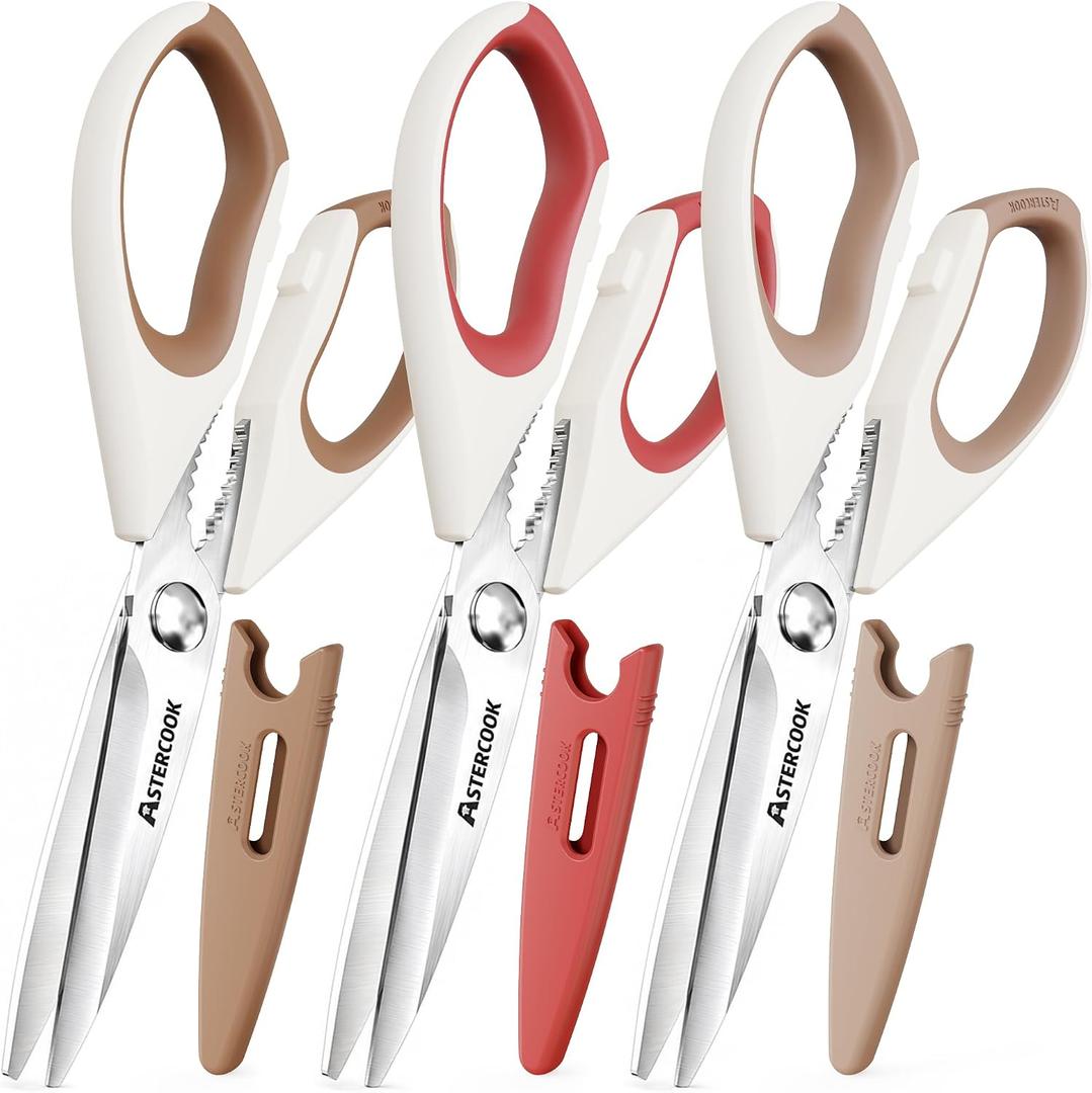 Astercook Kitchen Scissors 3 Pack, Heavy Duty All Purpose Kitchen Shears for Food and Packaging, Stainless Steel Food Scissors for Meat, Poultry, Herbs and Vegetables, Dishwasher Safe