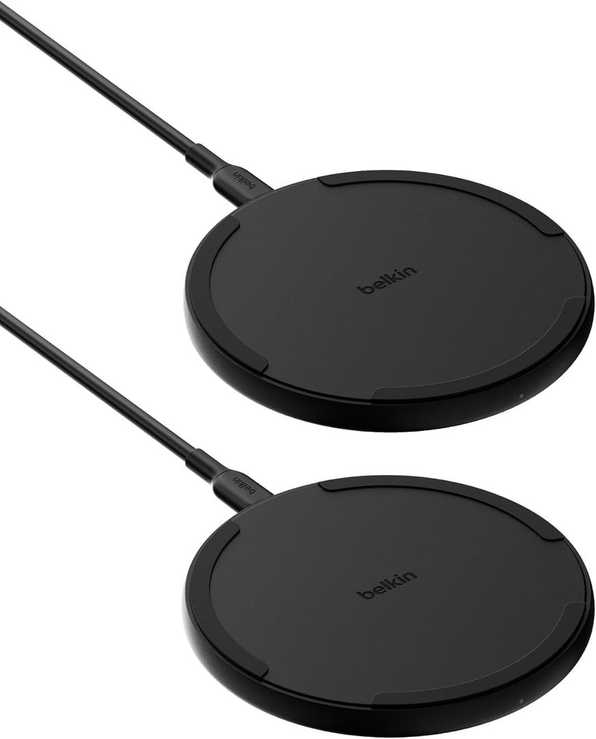 Belkin Wireless Charging Pad 15W - Qi Charger, Charging Station for Apple iPhone 17, iPhone 16/15/14 Series, AirPods, Samsung Galaxy S25, Galaxy S24, Pixel - 5ft Cable Included - Black, 2-Pack