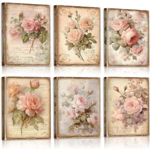 Vercraft 6 Pcs Framed Vintage Flowers Canvas Wall Art Pink Rose Wall Decor Retro Floral Pictures Farmhouses Decor for Home Office Bedroom Plant Printing Painting, 8 x 10 Inch