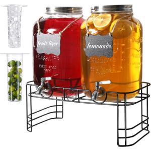 2 Gallon Drink Dispensers for Parties, 2 Pack Glass Beverage Dispenser with Stand & 18/8 Stainless Steel Spigot, Lemonade Jug for Wedding, Picnic, BBQ