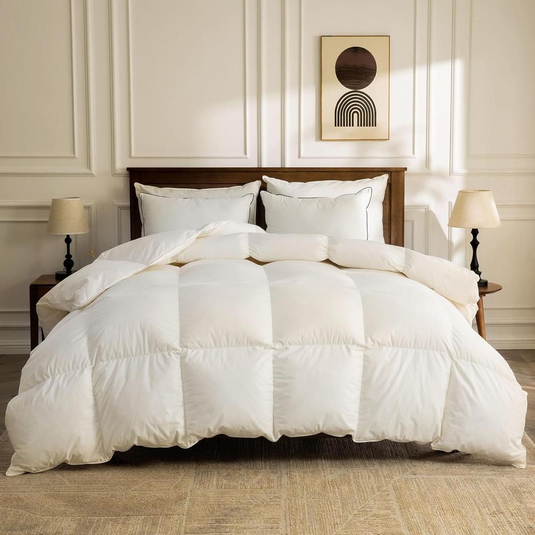BPC Organic Feather Down Comforter Queen Size, Fluffy Duvet Insert for All-Season with 100% Cotton Cover and Puffy Feather Down Filling, Ivory White, 90x90 Inches