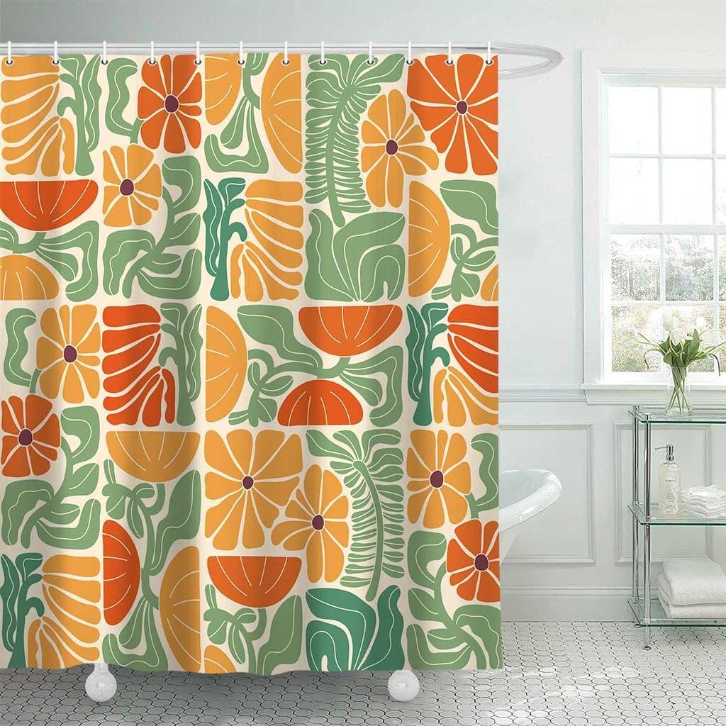 Boho Abstract Colorful Floral Shower Curtain, Vintage Retro Patchwork Orange Green Flower Botanical Geometric Aesthetic Groovy Bathroom Decor Shower Curtain Set with 12 Hooks, 70X70IN