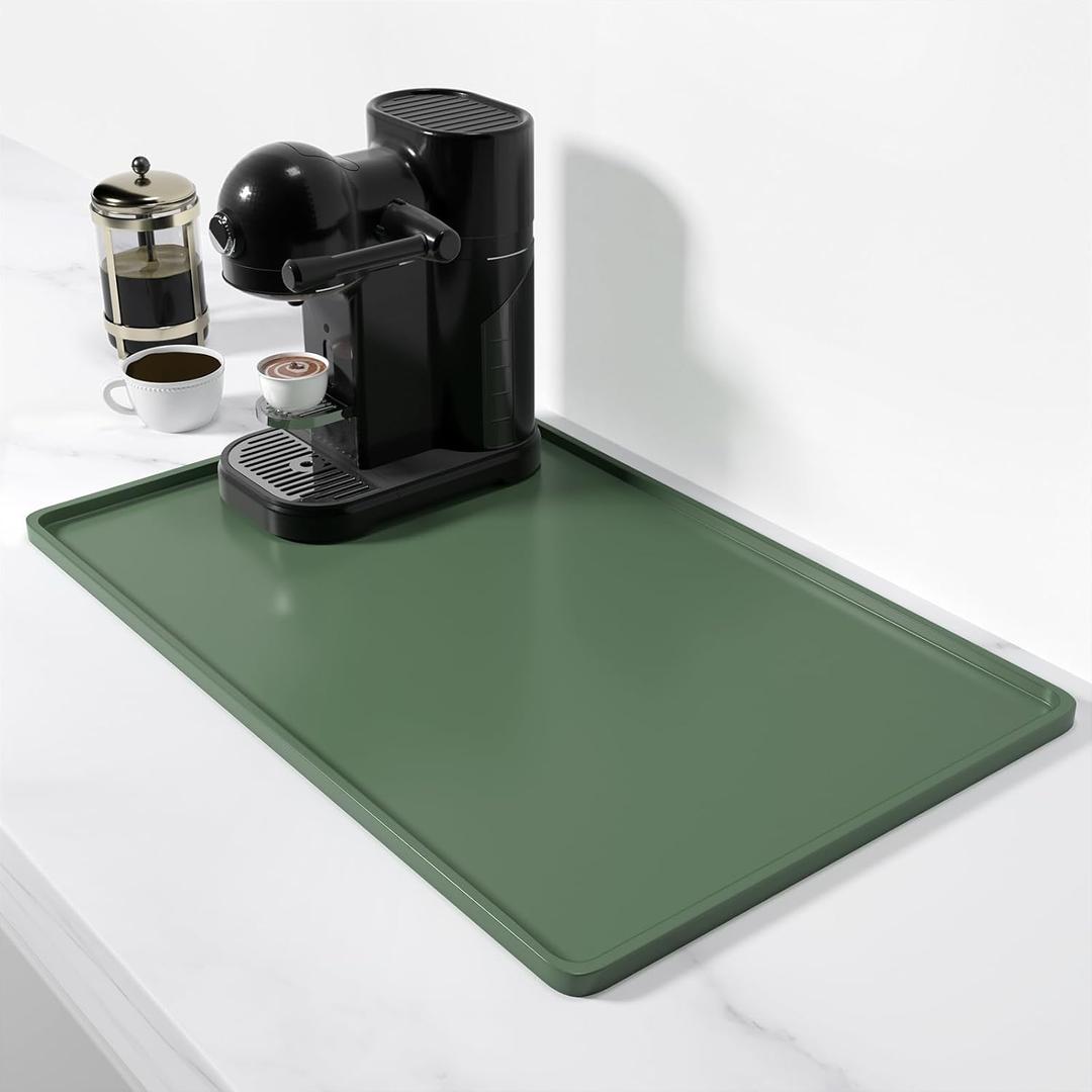 Rnivvi Silicone Coffee Mat, 12" x 19" Waterproof Raised Edge Coffee Bar Mats for Espresso Machine Station Accessories, Heat Resistant Dish Drying Pad for Kitchen Counter, Rubber Bar Decor Pad, Green