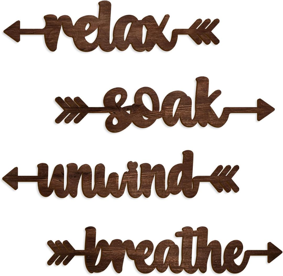 Pigort 4 Pcs Bathroom Wall Decor Wooden Soak Relax Unwind Breathe Plaque Wall Arts Decorations Cutout Farmhouse Sign for Toilet Dressing Room Laundry Room (Brown)