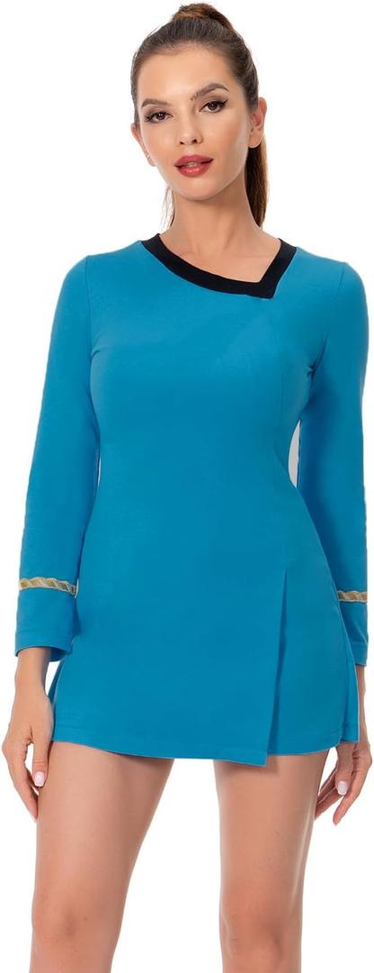 Adult Shirt Dress Women Long-Sleeve Uniform Bodycon Top Classic Cosplay Costume Movie Work Clothes Outfit (XX-Large, Blue)