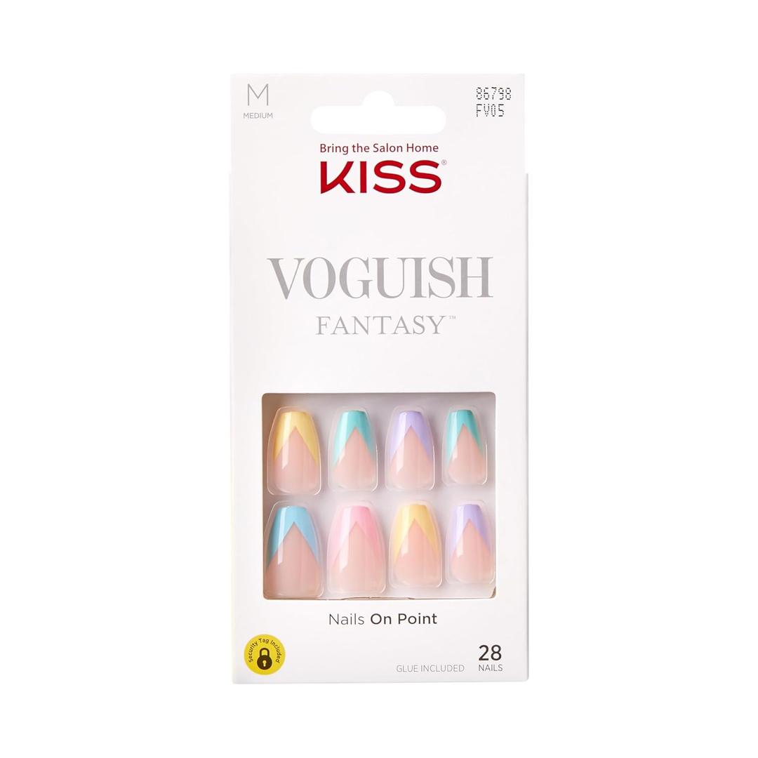 KISS Voguish Fantasy, Press On Nails, Nail glue included, 'Disco Ball', Multicolor, Medium Size, Coffin Shape, Includes 28 Nails, 2g glue, 1 Manicure Stick, 1 Mini File