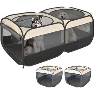2-in-1 Pop Up Puppy Playpen, Detachable into 2 Separate Pens with Additional Doors, Assembly-Free Portable Cat Dog Crates Pet Pen Tent Kennel Kitten Enclosure Cage Indoor Outdoor Foldable Condo(L)