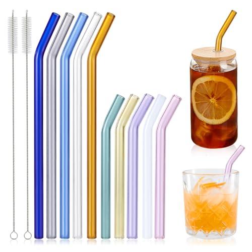 10 Pcs Reusable Colorful Bent Glass Straws,Size 9''x10mm and 6''x10mm Cute Short Glass Straws Shatter Resistant with 2 Cleaner Brush for Beverages,Coffee,Juice,Cocktail,Teas