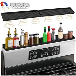 BFONS 30" Magnetic Stove Top Shelf Spice Rack Storage, Silicone Top Heat Material Stove Rack Seasoning Organizer Kitchen Gadgets Kitchen Organization（Black）