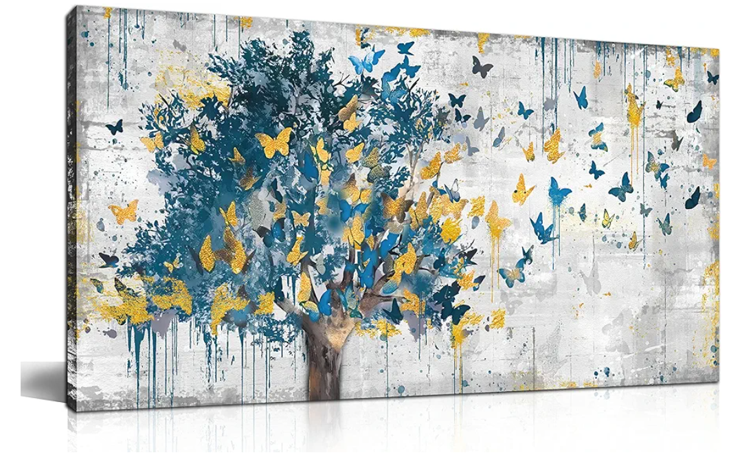 Kepgonegu Large Canvas Wall Art Blue Tree Golden Butterflies Picture Abstract Grey Graffiti Canvas Prints Ready to Hang for Living Room Bedroom Size 24x48