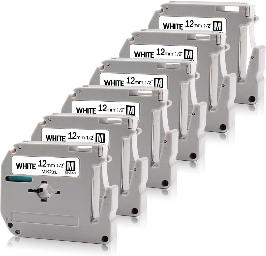Absonic 6-Pack M231 Label Tape Compatible for Brother M-K231s M-K231 MK-231 MK231 1/2" Tape P Touch M 12mm 0.47" White Label Tape Refills for PTouch PT-65 PT-M95 PT-85 PT-90 PT-70 PT-80 Label Maker