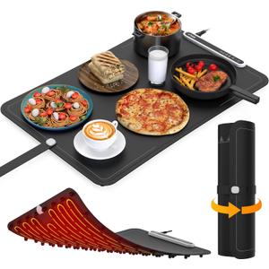 VTAR Rollable Electric Food Warming Mat | 3-Temp Buffet Tray Warmer for Parties | Even Heating, Portable Silicone Design, Auto Shut Off & Child Lock- Black