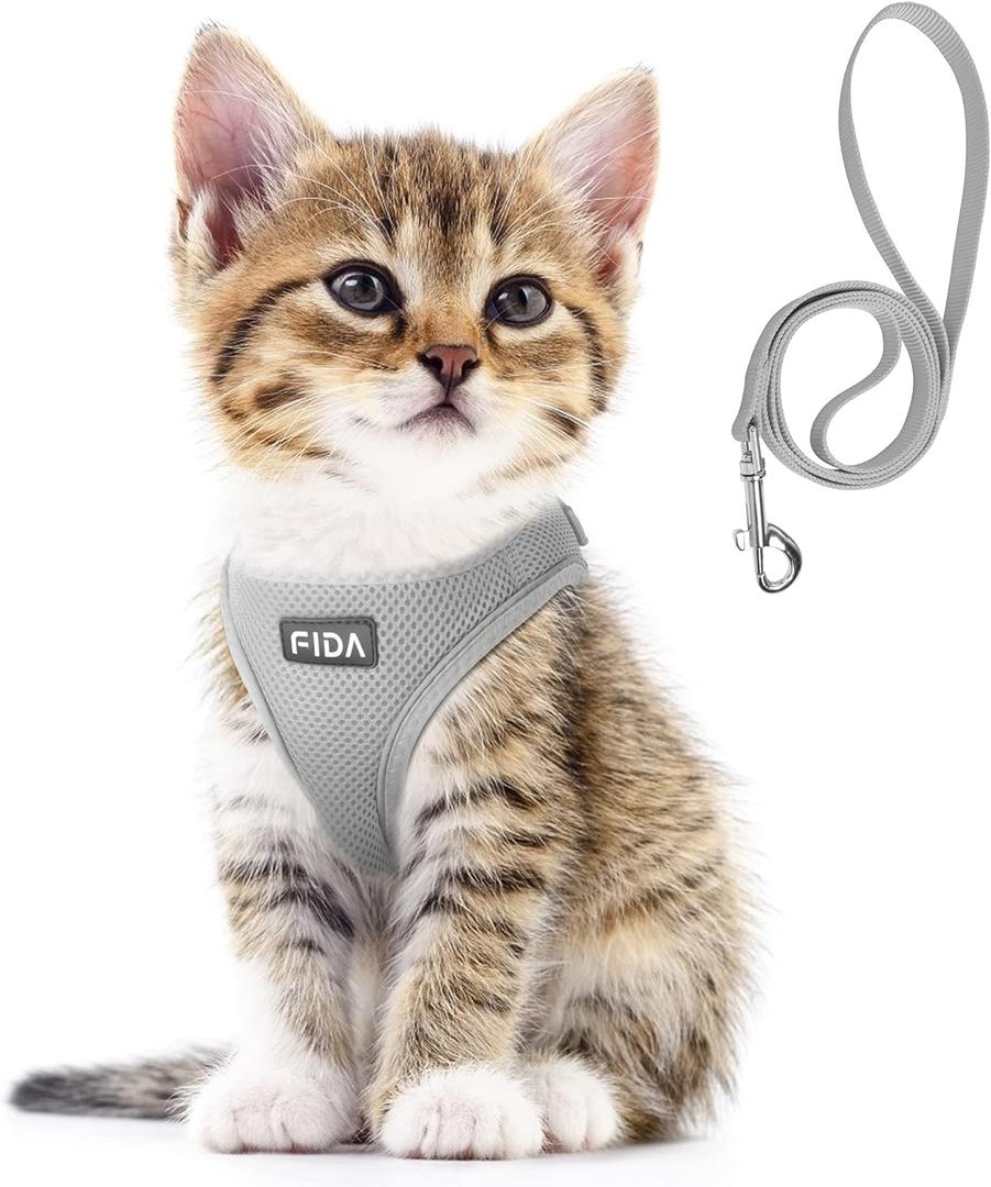 Fida Cat Harness and Leash Set for Walking Kitten and Puppy, Escape Proof Kitten Harness with Breathable Lightweight Soft Mesh, Adjustable Reflective Step-in Design for Kitten and Puppy.(XXXS, Grey)
