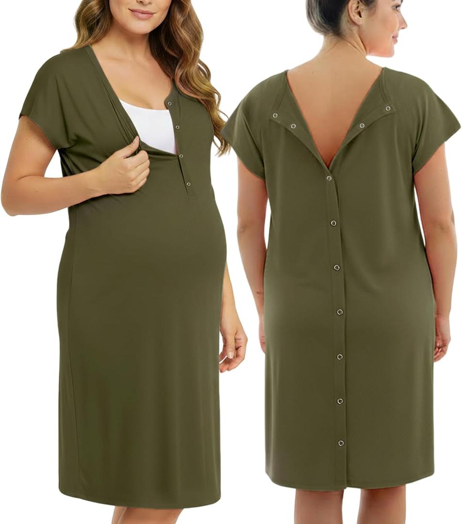 PATPAT Maternity Labor and Delivery Gown, Womens Hospital Gown with Pockets | Pregnancy through postpartum, soft fabric, full back opening for checks, easy nursing access, skin-to-skin, side pockets (Green, M)