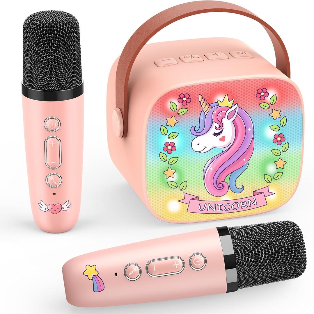 Unicorn Karaoke Microphone Machine Toys: Colorful LED Portable Bluetooth Speaker with 2 Wireless Mics Toys for 4 5 6 7 8 9 Years Old Girls Kids Christmas Birthday Gifts Stocking Stuffers for Grandkids (Pink)