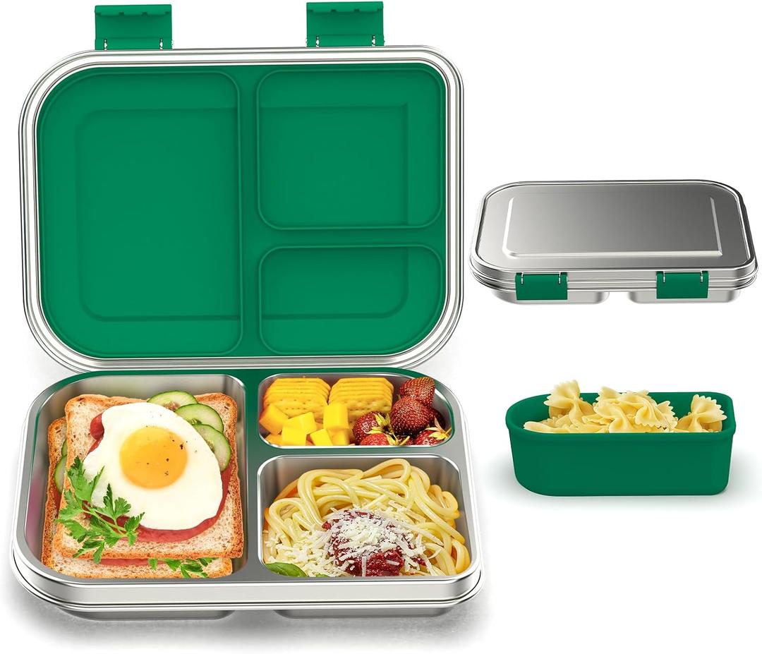 BABHAMNESS Stainless Steel Bento Box Kids, 3 Compartments Leak Proof Metal Bento Lunch Box, 304 Stainless Steel Bento Lunch Containers for School and Office, Dishwasher Safe, BPA-Free-Green