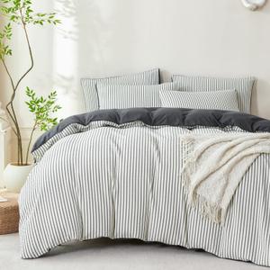 Dark Grey Comforter Set Queen Size Striped Soft Washed Microfiber Jacquard 3 Pieces Striped Bedding Sets Dark Grey White Comforter Queen for All Seasons and 2 Pillowcases Comfort Breathable