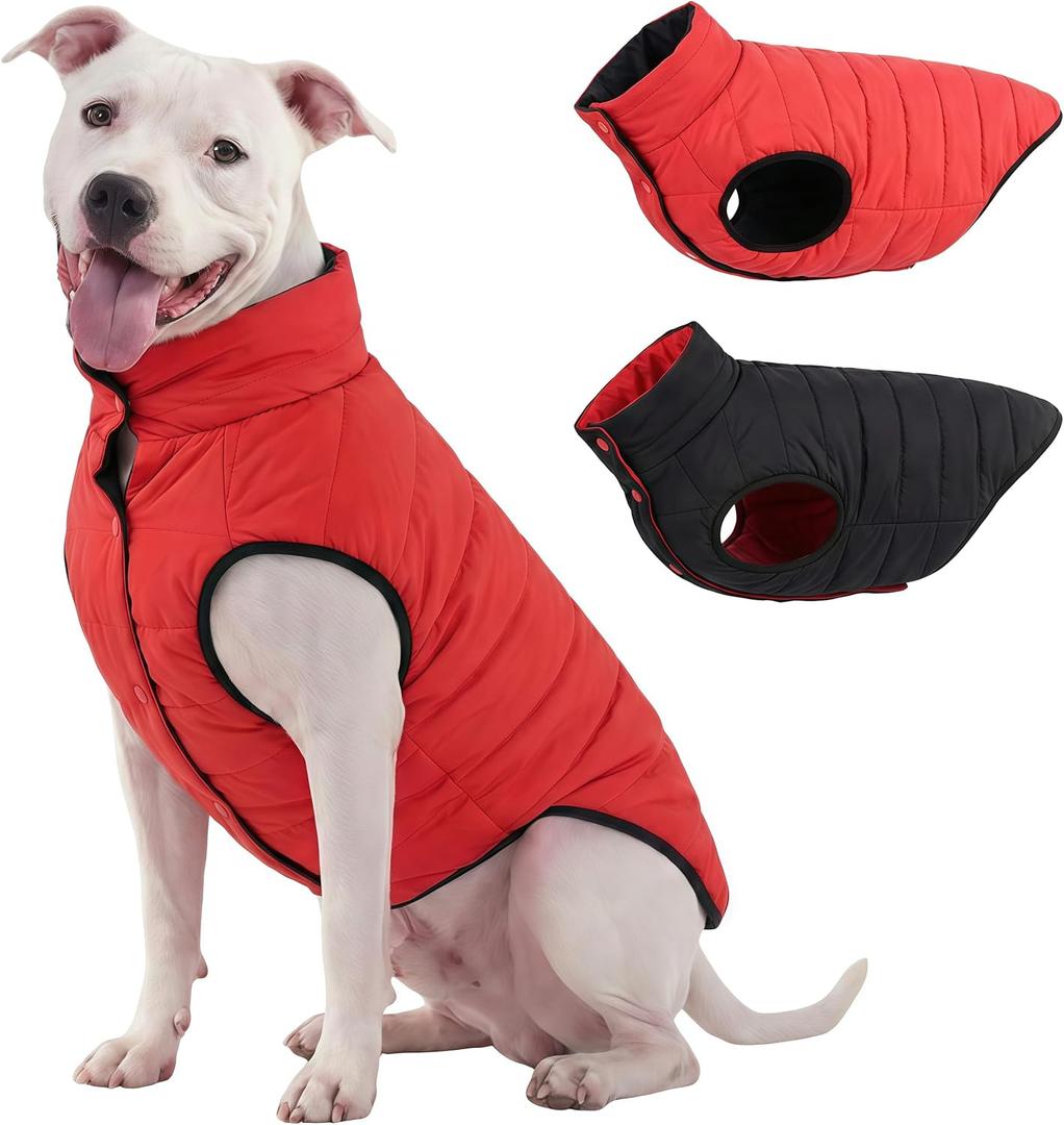 LovinPet Reversible Dog Puffer Coat for Medium & Large Dogs, DownInsulated Winter Jacket, WaterResistant & WindResistant, AntiStatic, Dual-Sided Black & Red for Cold Weather,2XL