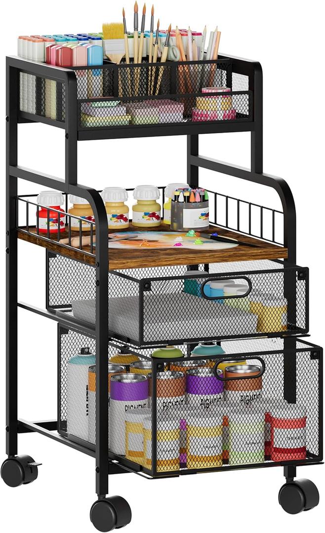 SWTYMIKI Rolling Cart with Drawers - Metal Utility Cart with Wood Shelf, DIY Divider and Locking Wheels, Craft & Art Cart Organizer for Under Desk Storage for Home Office Studio, Espresso (4 Tiers, 4 Tiers-Espresso)