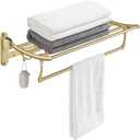 BESy 24 Inch Brushed Gold Towel Racks, Bathroom Towel Shelf with Foldable Towel Bar Holder and Towel Hooks, Wall Mounted Multifunctional Bathroom Accessories, Double Towel Bars