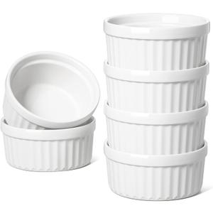 Le Tauci Ramekins 4 OZ Oven Safe, Creme Brulee Ramekins, Pudding Custard Cups Souffle Ramiken, Dipping Sauce Dishes, Ceramic Ramekin Bowls Set of 6, White