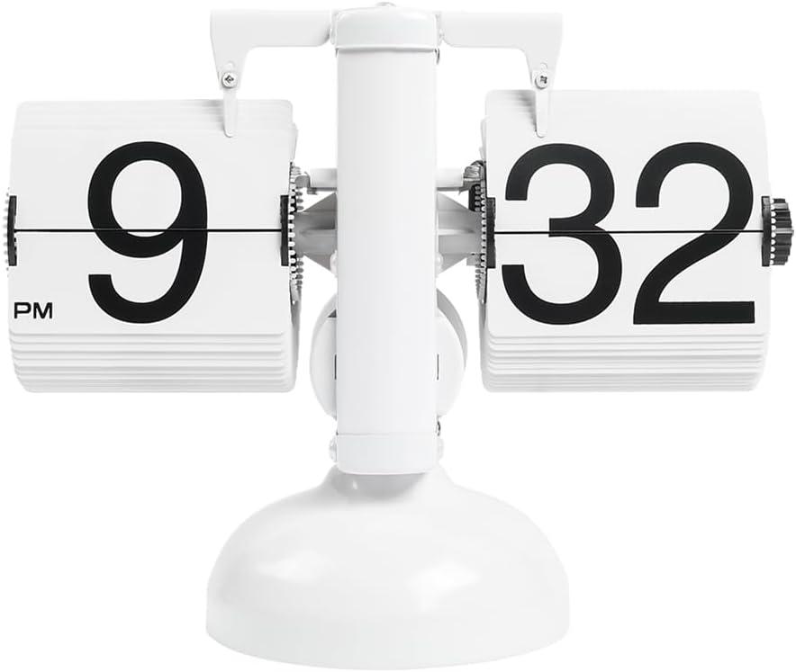 mooas Flip Desk Clock (White), Retro Vintage Design Auto Flip Clock Desk Clock Table Clock Large Number Battery Powered Internal Gear Operated Home Dcor Ideal for Home Office School Hotel Caf